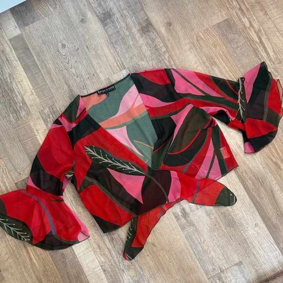 Bleu D’Azur Colorful Leaf Pattern Wrap Top size 4 - Picture 1 of 10